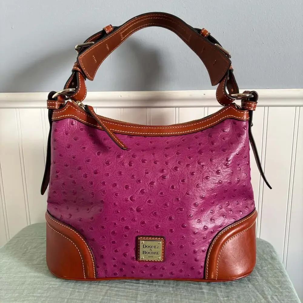 Dooney & Bourke Ostrich Embossed Leather Hobo Shoulder Bag in Fuchsia